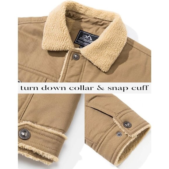 Men's Sherpa Trucker 5 Pockets Cotton Cargo Jacket Turn down Collar Winter Coats - Picture 6 of 7